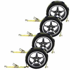 US Cargo Control Wheel Strap with Wire Hooks and Three Rubber Blocks, Yellow Car Tie Down Strap, Easy to Use Tire Tie Down for Car Hauling, 3,333 Pound Working Load Limit, 4 Pack