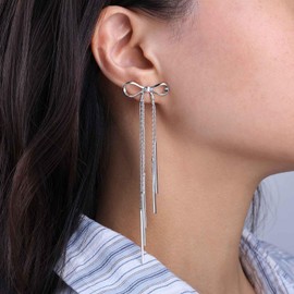 Cimenexe Bohemian Bow Tie Tassel Dangle Earrings Silver Hollow Bow Chain Drop Earrings Long Bow Tassel Chain Earrings Minimalist Bow Stud Earrings Jewelry for Women
