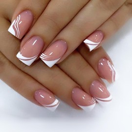 French Tip False Nails - 24pcs Short Square Press On Nails - Nude Pink Stick On Nails with Elegant White Line - Full Cover Long Lasting French Fake nails with Glue for Women Girls