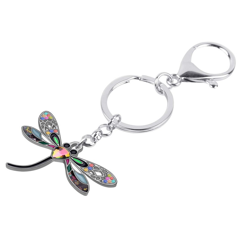 WEVENI 合金クリスタルトンボキーチェーン 昆虫チャーム エナメルジュエリー レディース ガールズ カーパースバッグアクセサリー, ブラック, 29mm x