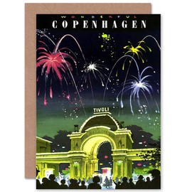 TRAVEL COPENHAGEN DENMARK TIVOLI GARDENS FIREWORKS GREETINGS CARD