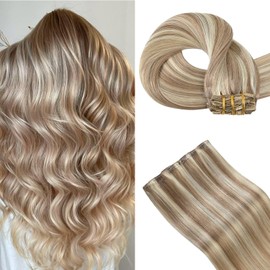 Blonde Highlights Human Hair Extensions Clip Ins 18 Inches Light Brown Mixed Bleach Blonde Straight Human Hair Clip in Extensions for Women 85g #8/22/8 7pcs
