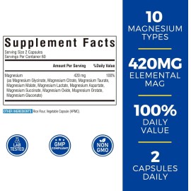 10 in 1 Magnesium Complex, 420Mg Elemental Magnesium | Ultra Strength, Max Absor