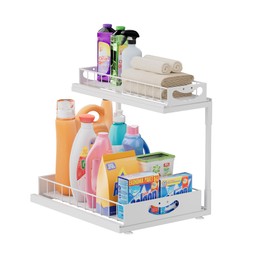 JAQ Under Kitchen Sink Organizer, 2 Tier Metal Slide Out Under Cabinet Storage Shelves Rack for Kitchen Bathroom Pantry Lanudry, Smile Look (White, 1 Pack)