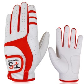 Tussan Sports Golf Glove Men's Durable Premium Leather Left Hand Right All Weather Grip Golfer Gloves Non Slip Flexible Golfing (Red Edition, S, Left)