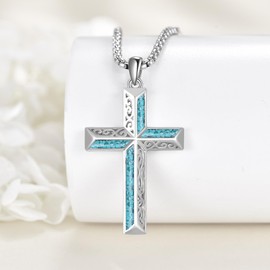 URONE Cross Necklace 925 Sterling Silver Cross Turquoise Pendant Necklace Cross Jewelry Religious Gifts for Women Men