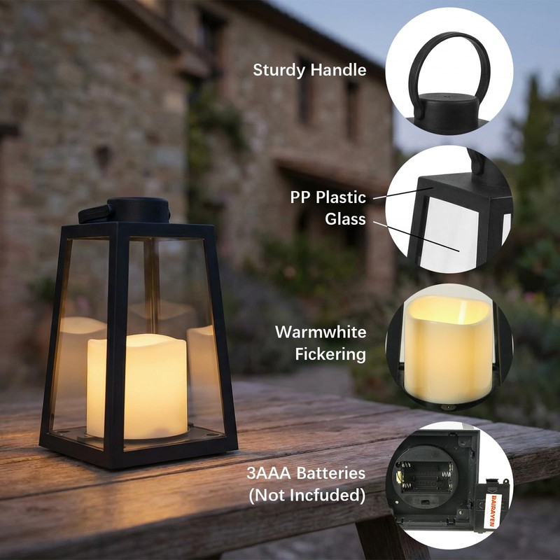 BAIRAYEN 2 Pack 8.6”Black Decorative Lanterns with Timer 6H,Battery Operated