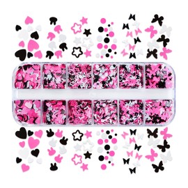 Nail Art Glitter Flakes 12 Grids Nail Sequins Love Heart Butterfly Stars Round Rabbit Nail Supplies Mixed 3 Colors Glitter Nail Charms Designs DIY Nail Decorations Nail Art Accessories for Women Girls