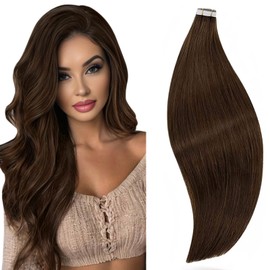 RUNATURE Tape in Hair Extensions Brown Human Hair Tape in Extensions Brown Tape Hair Extensions Real Human Hair Straight 18 Inch 50 Gram