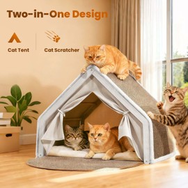 Cat Houses for Indoor Cats - 4 Seasons Cat Bed Cave with Natural Sisal Cat Scratcher Mat, Solid Wood Frame Cat House with Curtains and Cat Floor Scratching Pad Rug, Protect Couch and Carpets, M
