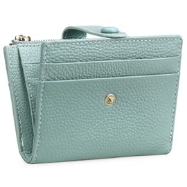 FALAN MULE Women's Small Leather RFID Protection Credit Card Holder with Zip Coin Compartment Wallet, B light blue, Minimal