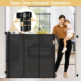 Reinforced 28" Tall x 100" Wide Retractable Baby Gates Extra Wide Dog Gate - Easy Step Over, Long Baby Gate Retractable Dog Gate Indoor Safety Gates Outdoor Gates for Decks with Support Rods, Black