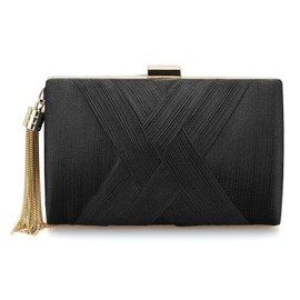 SUIKIHUM Satin Evening Bag Clutch Purse for Women, Chain Tassel Wedding Handbag, Compact Formal Clutch for Party Bride Guest, Black