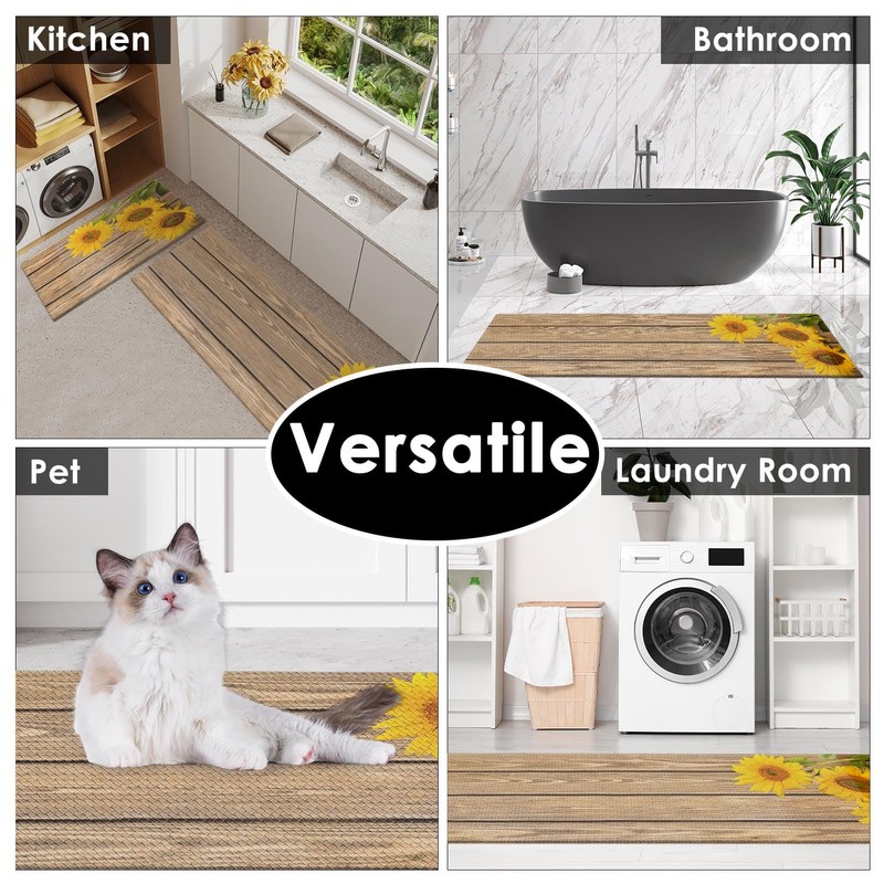 Anti-Fatigue Sunflower Kitchen Rug Set of 2 Cushioned Wooden Background