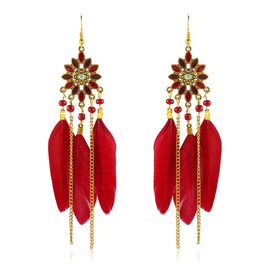 Boho Long Feather Earrings Long Tassel Drop Dangle Earrings Set for Women,Bohemian Gold Dangling Long Handmade Feather Dream Catcher Earrings (Red)