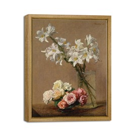 Pyradecor Vintage Wall Art Retro Framed Home Decor Roses and Lilies Canvas Prints Classical Floral Painting Vintage Wall Decor for Laundry Room Decor Farm House Wall Decor