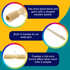 A-Star Two Tone Wood Block Guiro Scraper with Wooden Beater, Percussion Rhythm Block