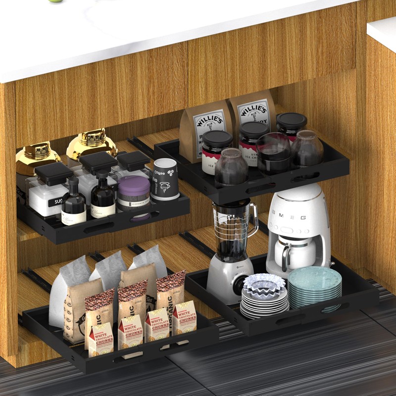 Expandable Pull Out Cabinet Organizer 17" Deep, Adhesive Pull Out