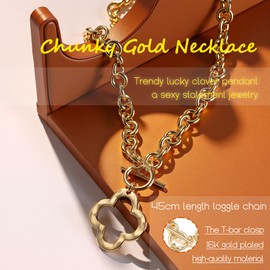 Krfy Chunky Gold Necklace for Women, Hammered Clover Necklace for Women Non Tarnish, Necklace Pendant, Dainty Toggle Necklaces Paperclip Chains Jewelry 16K Gold Plated 45cm