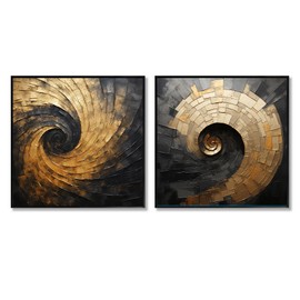 DesignQ Oversized Modern Canvas Framed Wall Decor Set - Large Gold Elegant Wall Art - Stylish Black & Gold Pottery Circles - 73"x36" - Multipanel Abstract Spirals Framed Canvas Set