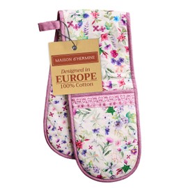 Maison d' Hermine Double Oven Mitts 100% Cotton 18cm x 89cm Double Oven Mitt BBQ Cooking Gloves with Loop for Baking, Grilling, Home, Handling Hot Pans, Chardon - Spring/Summer