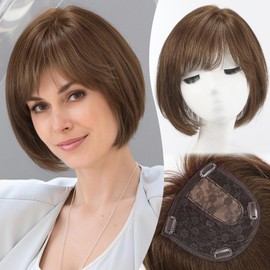 EMMOR Human Hair Toppers for Women Short Bob Real Hair Toppers with Bangs Side Part Hair Pieces for Women with Thin Hair 10" Hair Extension with 6.5" × 6.5" Larger Base Human Wig Toppers(Brown)