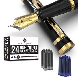 Wordsworth & Black Fountain Pen Set, Extra Fine Nib, Includes 24 Ink Cartridges & Ink Refill Converter, Gift Case, Journaling, Calligraphy, Smooth Writing Pens [Black Gold], Perfect for Men & Women