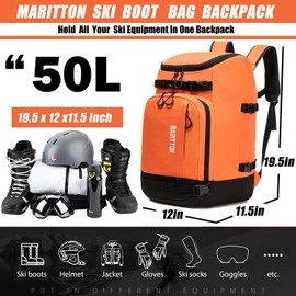 MARITTON Ski Boot Bag, 50L Ski Boot Backpack Water-Resistant Ski Travel Bag for Ski Helmet, Goggles, Gloves, Skis, Snowboard & Accessories (Orange)