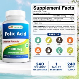 Best Naturals Folic Acid 1000 mcg (Vitamin B9), 240 Tablets (1000 mcg (Pack of 2))