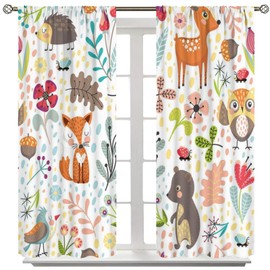 Forest Animals Kids Curtains, Watercolor Wild Rustic Bear Fox Deer Children Cartoon Window Treatments for Living Room, Watercolor Blackout Drapes 2 Panel Sets,42x63 Inch