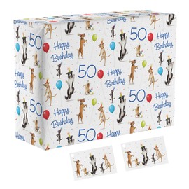 Hunts England - 50th Birthday Fun Wrapping Paper And Tags For Him/Her - Dancing Dogs - 1 Sheet & 2 Gift Tags - Age 50 Folded Gift Wrap - Milo's Gallery - Age Fifty Dogs Gift Wrap