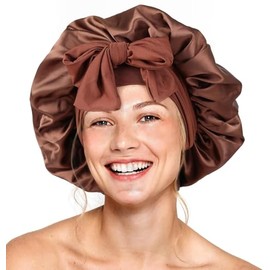 Gorro Seda Dormir Capó Ajustable Satén Banda Elástica Ancha Noche Cabello Rizado Ducha Belleza Marrón