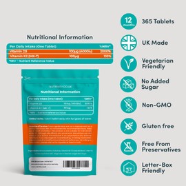 Vitamin D3 4000 IU & Vitamin K2 MK7 100µg Vegetarian Vitamin D and K2 Supplements High Strength Vitamin D3 and K2 Supplement 1 Year Supply D3 K2 Vitamin Tablets Easy-to-Swallow 1 A Day Made in The UK