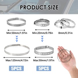 Pack of 10 20-120 mm Hose Clamps Stainless Steel Universal Axle Boot Clamps Adjustable Clamp Ear Clamp CV Joint Clamp Kit, 5 Large 5 Small Hose Clamps for Drive Shaft, Car