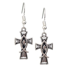 Christian Jesus Cross Ichthys Fish Antique Silver Tone Handmade Dangle Earrings