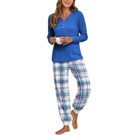 Famulily Ladies Lounge Wear Sets Spring Casual V Neck Long Sleeve Tops and Jogger Pants Cozy Nightwear Blue XXL