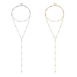 Tienyuu 2 Pack Lariat Gold Necklace for Women – 14k Gold Plated Y-Shaped Pendant Necklace with CZ Beaded Chain Drop, Adjustable Long Necklace, Simple Layered Jewelry for Women