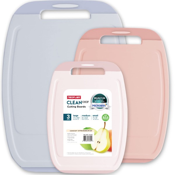 Neoflam Microban Protection Cutting Board 3 Piece Set, Stain & Odor/BPA Free, Reversable Board, Upgraded Larger Juice Groove, Non-Slip EZ Grip Handle, Dishwasher Safe, Pastel