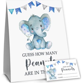 Yuzioey Blue Elephant Guess How Many Peanuts, Elephant Baby Shower Game, 50 Cards and Matching Standing Sign, Boy Elephant Baby Shower Decorations