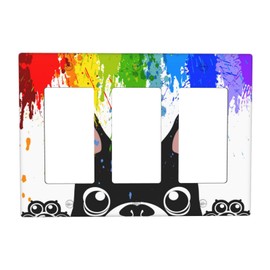 Novelty Funny Pastel Colors Rainbow and Dogs Triple Rocker Decora Outlet Cover Faceplate Decorative Wall Plate Cute Black Puppy 3 Gang Light Switch Cover Gfci Electrical Switchplate for Nursery