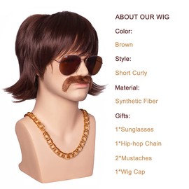 ColorGround 3-Pieces Chain and Moustache and Short Curly Wig for 70'S Disco Party (Brown (4 pieces set))