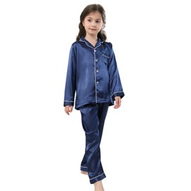 CattyGirl Pajamas Kid Unisex Pjs Set Girls Boys Silk Pajamas Set Satin Long Sleeve 2 Piece Clasic Sleepwear for 2-12 Years Todder Navy