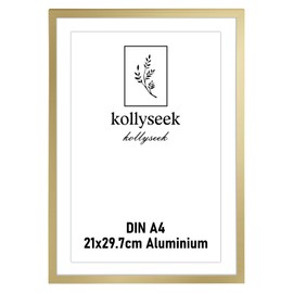 kollyseek Aluminium Picture Frame, DIN A4, 21 x 30 cm, Gold Metal Poster Frame with Shatterproof Acrylic Glass, Modern Photo Frame, Picture Frame with Mount for Pictures, Posters, Photos Gold