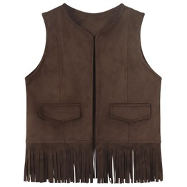 Spring&Gege Kids Suede Fringe Vest 70s Cowboy Cowgirl Western Faux Tassels Jacket Cardigan, Coffee, Size 7-8 Years