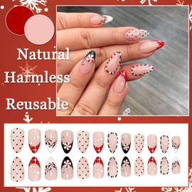 Ceboic Pack of 24 Christmas Nails for Sticking, Short Almond, Winter Ballerina Press On Nails, Red Green French Artificial Nails, Acrylic, Full Cover Artificial Nails, Natural False Nails for Women