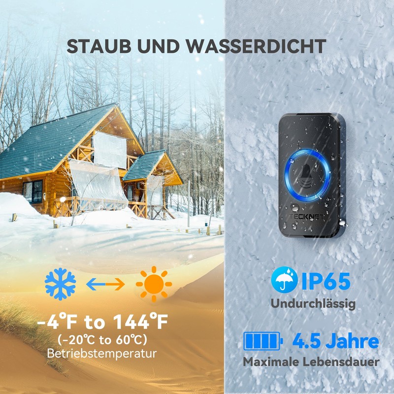 TECKNET Wireless Doorbell, Wireless Doorbell Set, 400 m Range, IP65