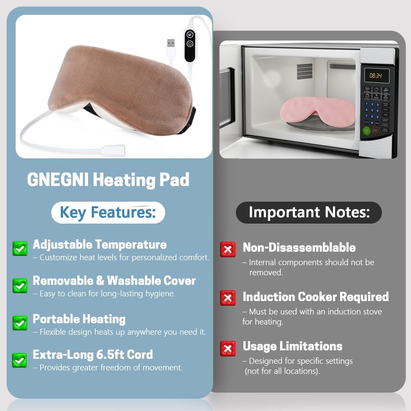 GNEGNI LIFE Heated Eye Mask,Smart Temperature&Timer Control, USB Soft Cotton