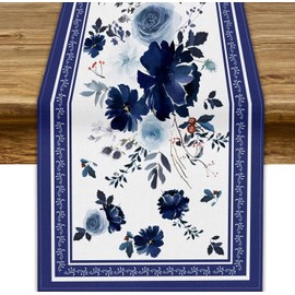 Navy Blue Flowers Linen Table Runner,Spring Floral Seasonal Dinner Table Decoration for Home Living Room Kitchen Dining Room 13x108in