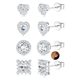 Sanfenly 4 Pairs Sterling Silver CZ Stud Earrings for Women 14K Gold Plated Brilliant Celtic Heart Big Stud Earrings Set Cubic Zirconia Earrings Studs for Sensitive Ear