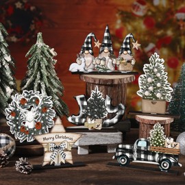 CroBlissful 6 Pcs Christmas Table Decorations Winter Centerpiece Buffalo Plaid Xmas Tree Sign Farmhouse Wooden Table Top Sign Rustic Christmas Decor for Office Desk Indoor Tiered Tray Home Decor
